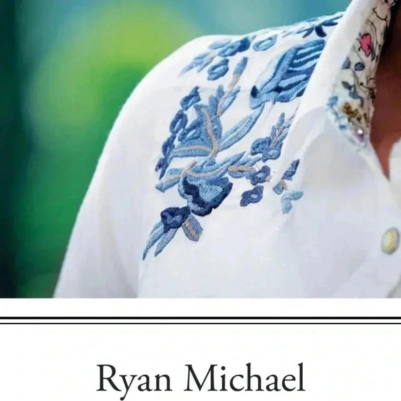 Ryan Michael Embroidered Blue Floral White shirt - Picture 2 of 11